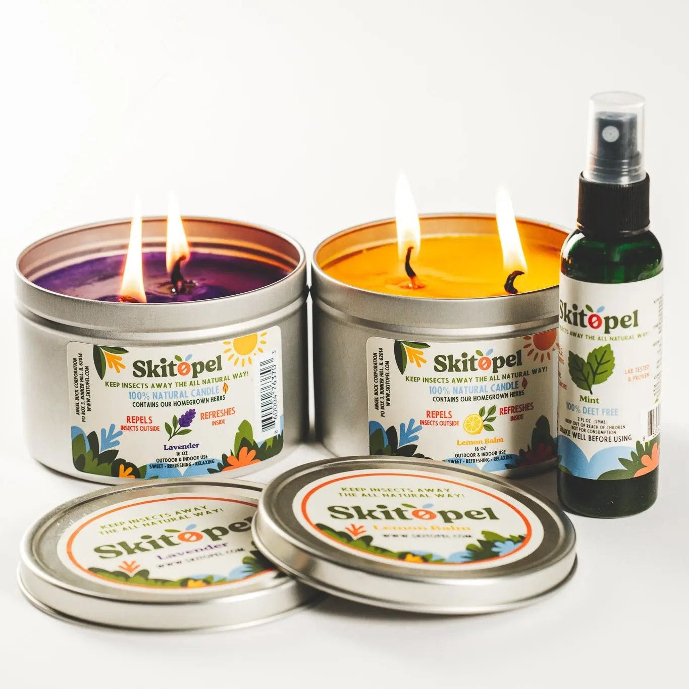 Skitopel Natural Insect Repellent Bundle - 2oz Mint Spray, 16oz Lavender & Lemon Balm Candle Skitopel