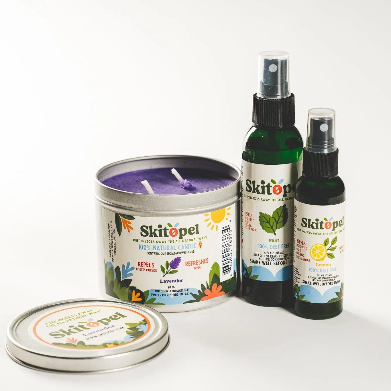 Skitopel Grand Insect Repellent Bundle - 2oz Lemon & 4oz Mint Spray & 20oz Lavender Candle Skitopel
