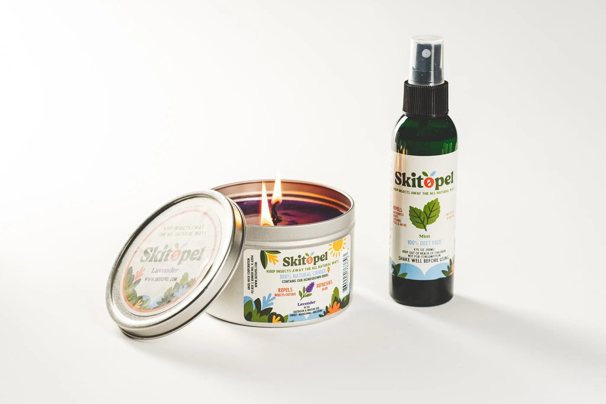Skitopel 4oz Mint Insect Repellent Spray & 16oz Lavender Candle - The Perfect Blend of Protection & Relaxation Skitopel