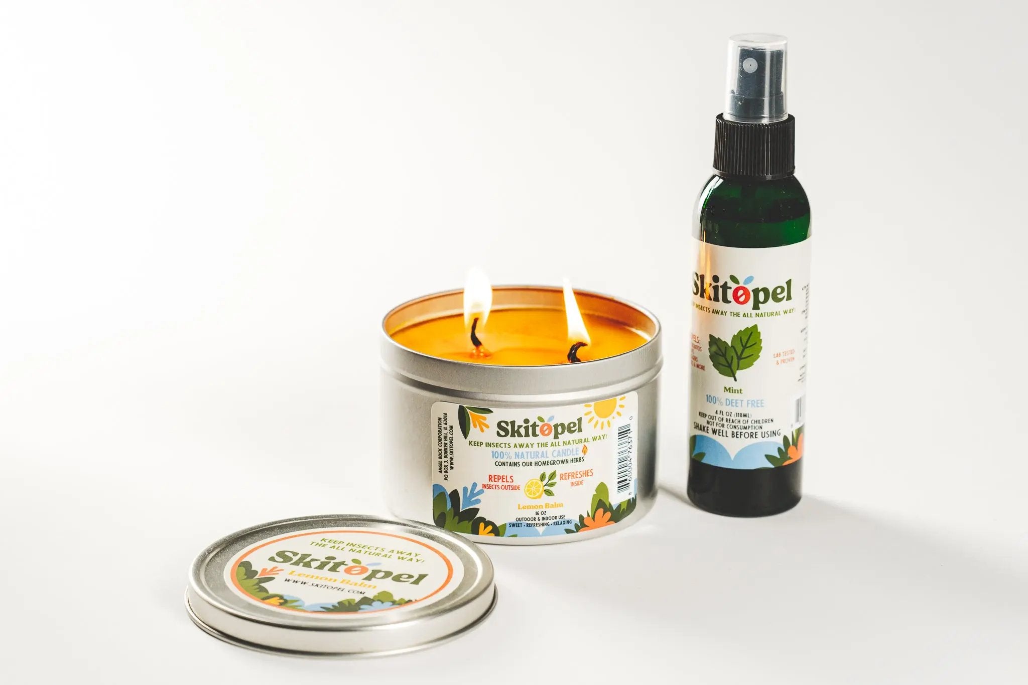 Skitopel 4oz Mint Insect Repellent Spray & 16oz Lemon Balm Candle - The Perfect Bug-Free Outdoor Bundle Skitopel