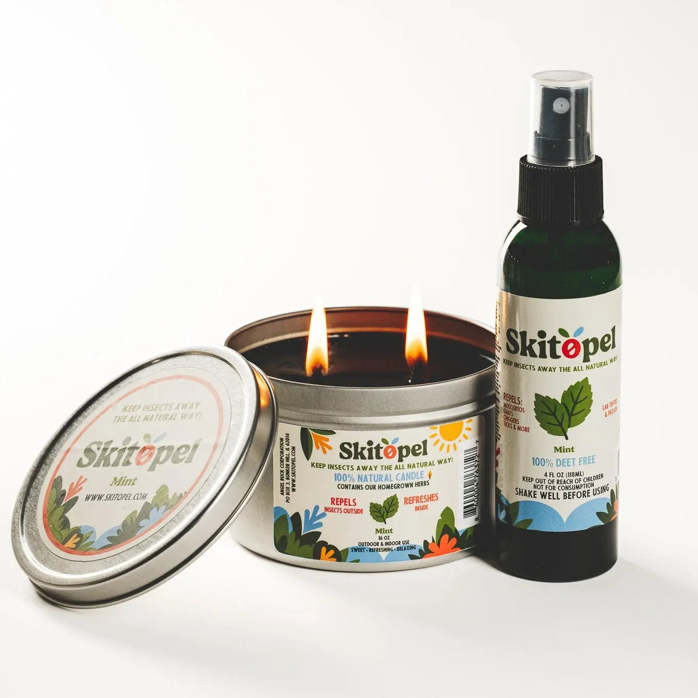 Skitopel 4oz Mint Insect Repellent Spray & 16oz Mint Candle Bundle - Ultimate Natural Bug Defense Skitopel