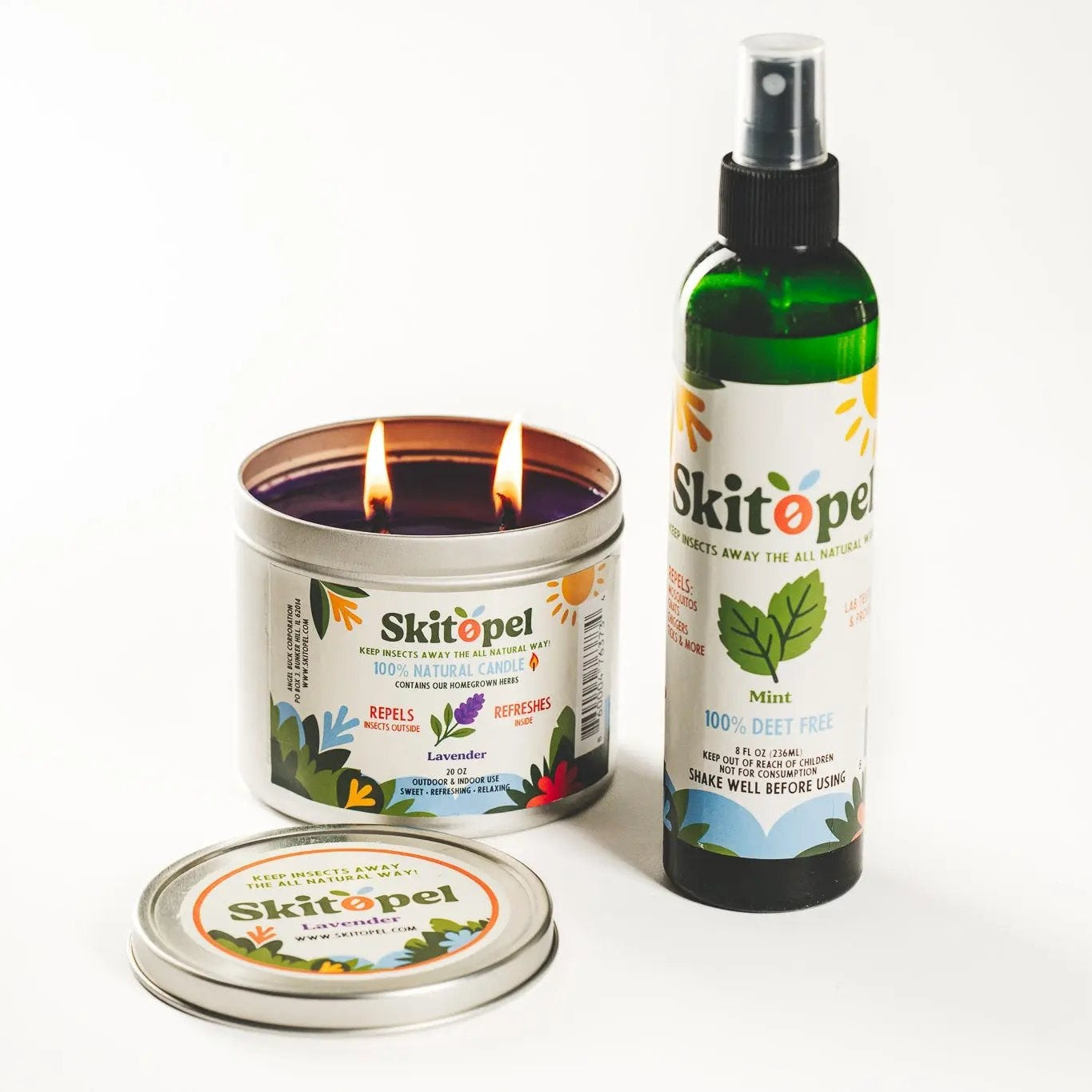Skitopel 8oz Mint Insect Repellent Spray & 20oz Lavender Candle - The Ultimate Bug-Free Relaxation Bundle Skitopel