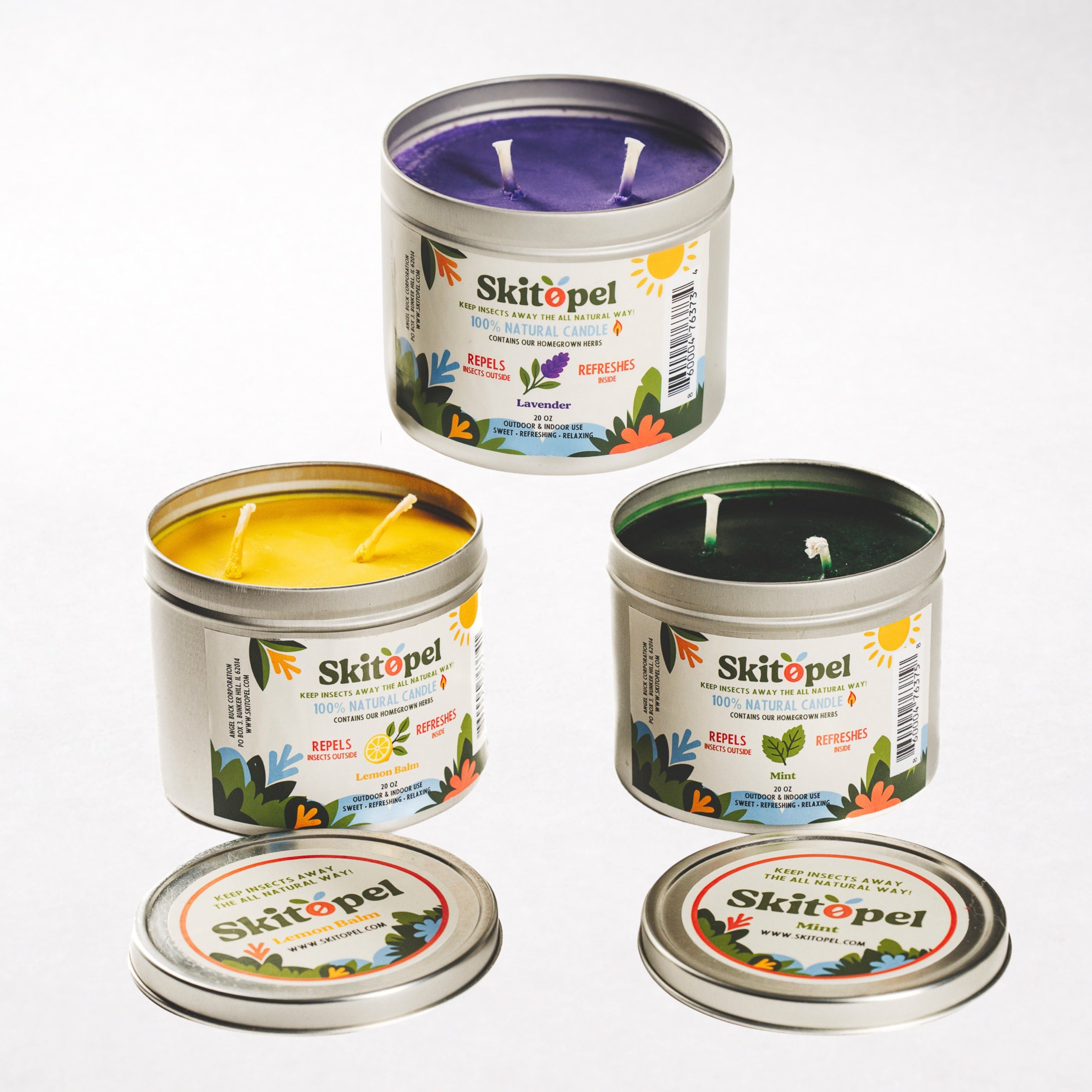 Set of Skitopel candles in various scents on a white background