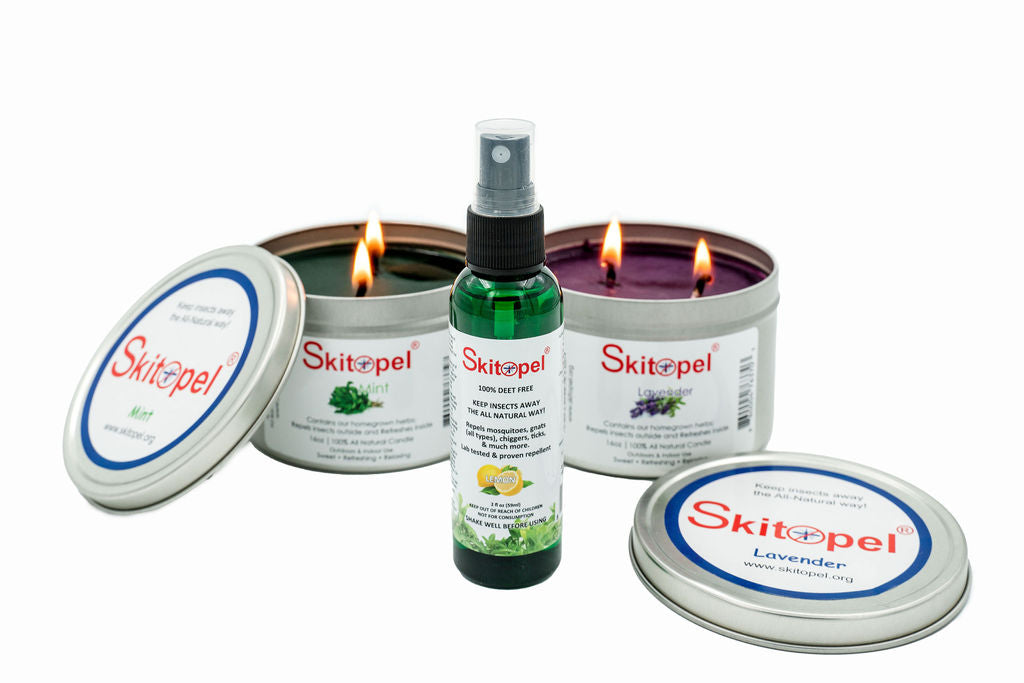 This combination contains the sweet scent of a lavender candle, a refreshing scent of a mint candle, and a lemon scented mosquito and gnat repellent spray. Each item is Deet free and all-natural.