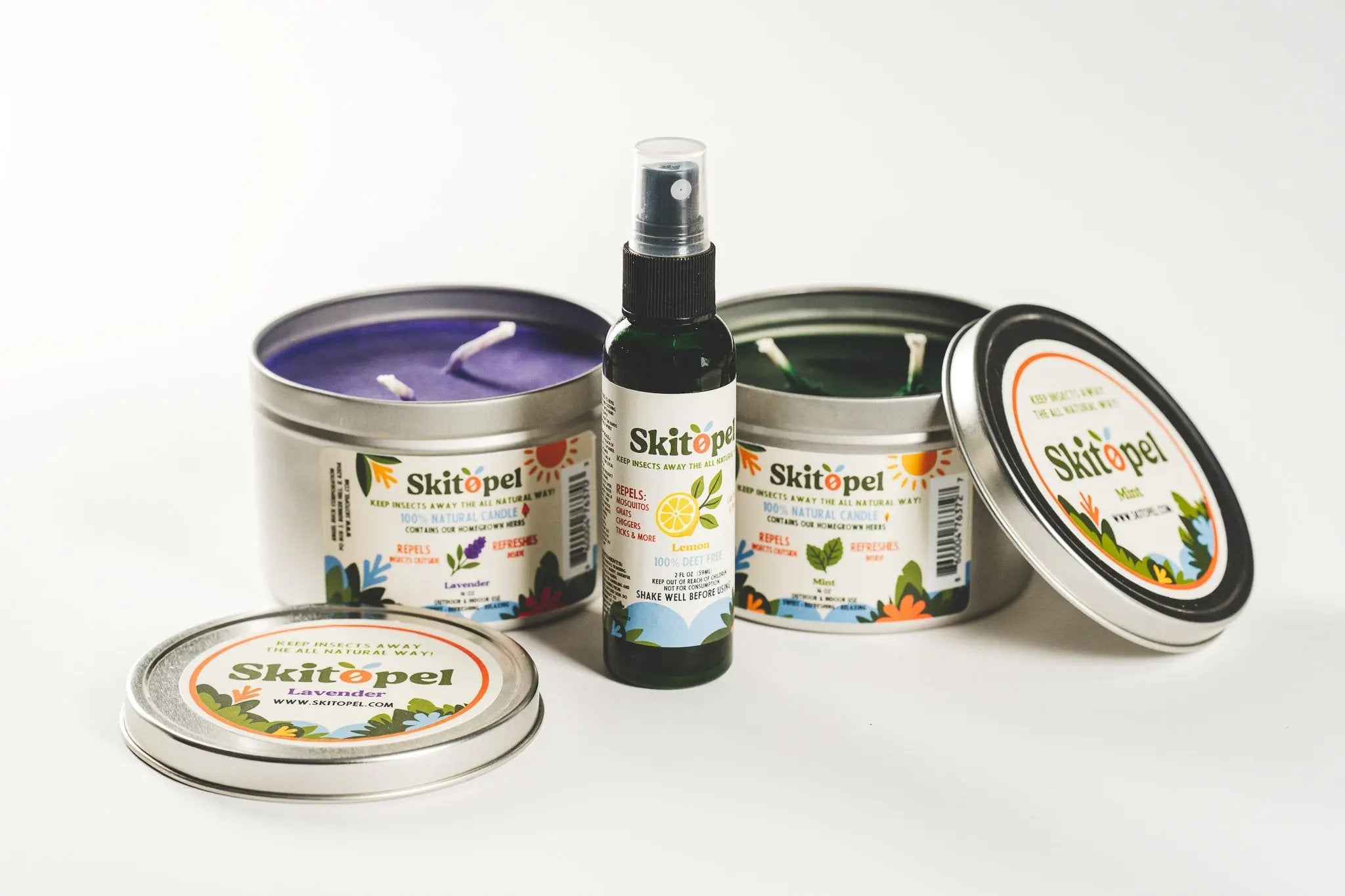 Skitopel Supreme Insect Repellent Bundle - 2oz Lemon Spray & 16oz Lavender & 16oz Mint Candle Skitopel