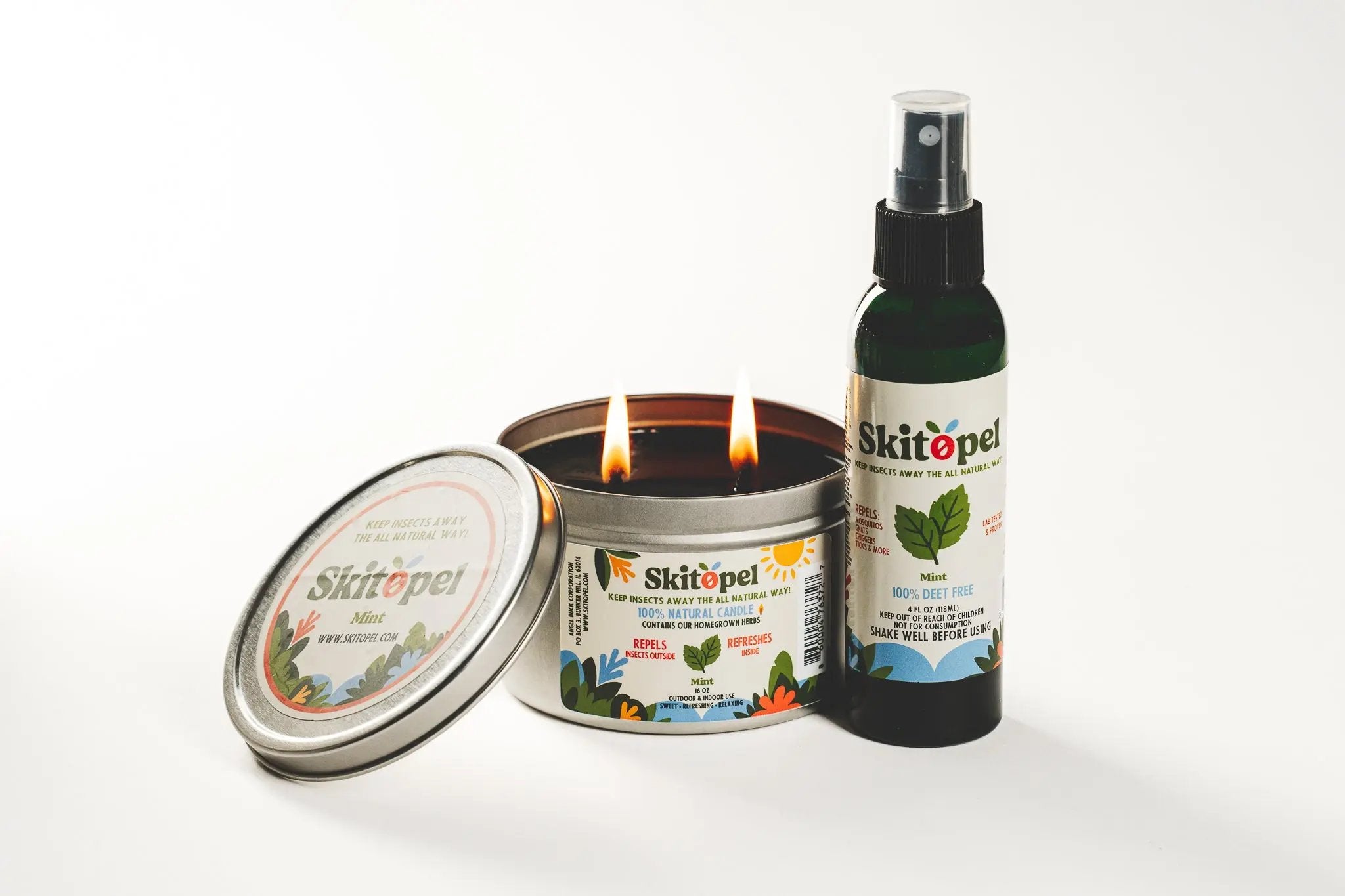 Skitopel 4oz Mint Insect Repellent Spray & 16oz Mint Candle Bundle - Ultimate Natural Bug Defense Skitopel