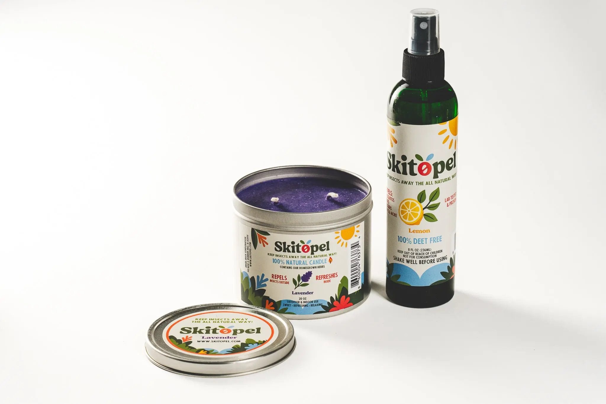 Skitopel 8oz Lemon Insect Repellent Spray & 20oz Lavender Candle - Ultimate Bug Protection & Relaxation Skitopel