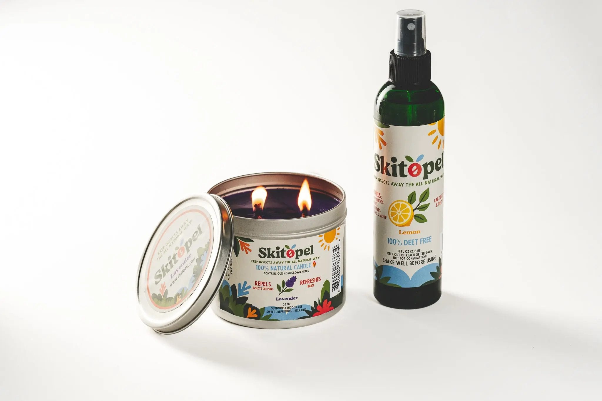 Skitopel 8oz Lemon Insect Repellent Spray & 20oz Lavender Candle - Ultimate Bug Protection & Relaxation Skitopel