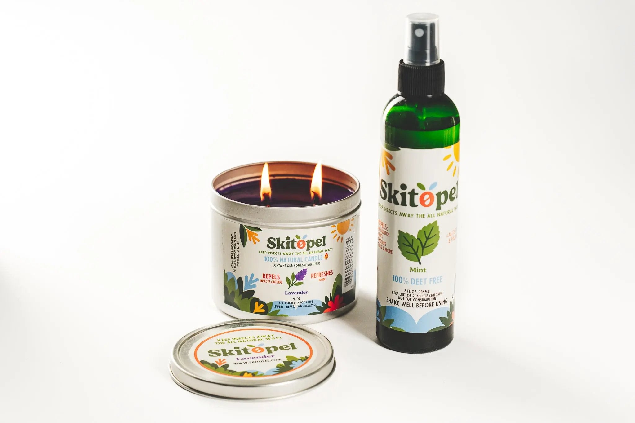 Skitopel 8oz Mint Insect Repellent Spray & 20oz Lavender Candle - The Ultimate Bug-Free Relaxation Bundle Skitopel